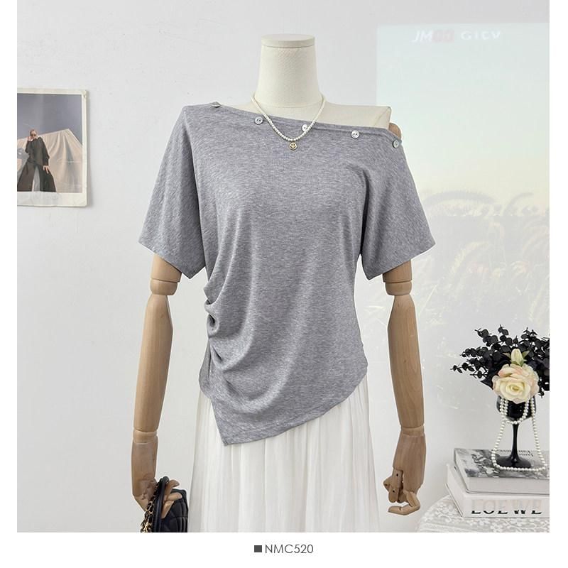 Short-Sleeve Off Shoulder Embellished Asymmetrical Plain T-Shirt