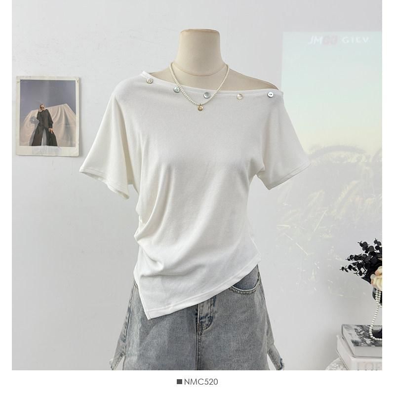Short-Sleeve Off Shoulder Embellished Asymmetrical Plain T-Shirt