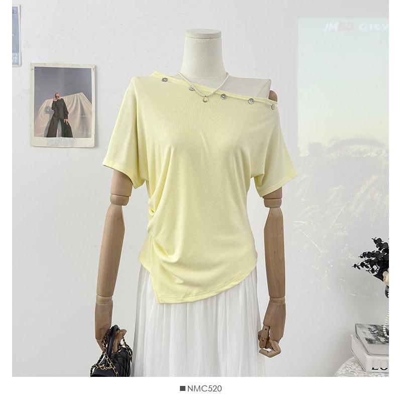 Short-Sleeve Off Shoulder Embellished Asymmetrical Plain T-Shirt