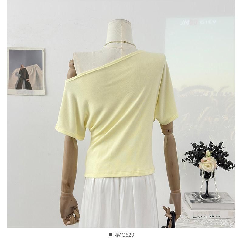 Short-Sleeve Off Shoulder Embellished Asymmetrical Plain T-Shirt