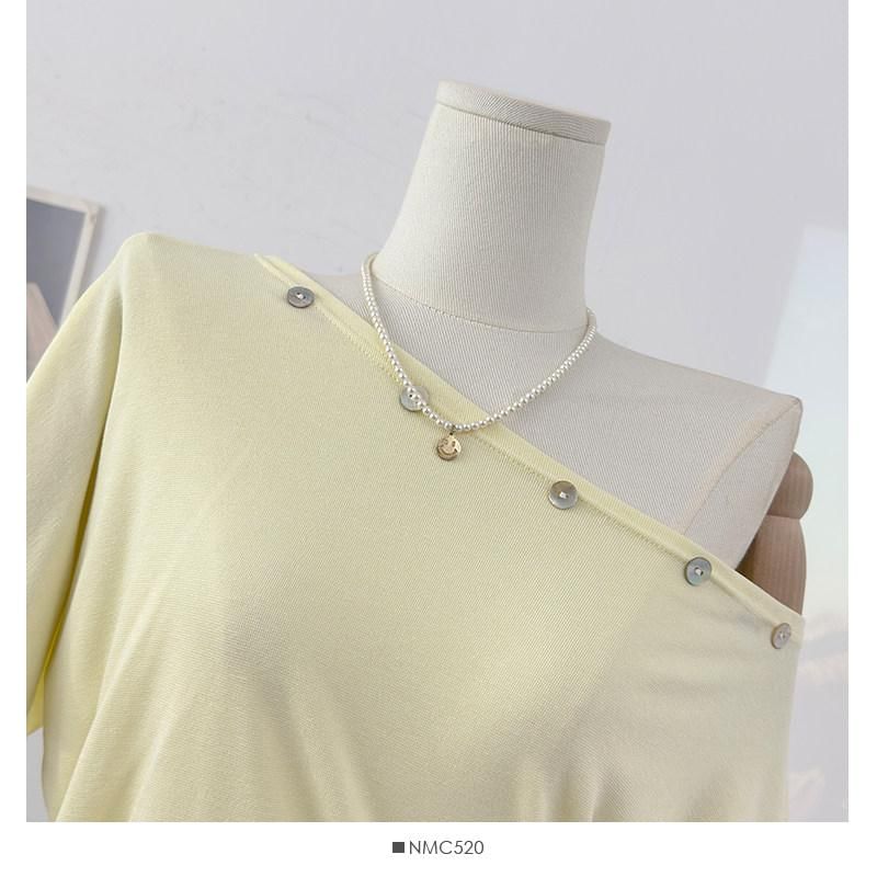 Short-Sleeve Off Shoulder Embellished Asymmetrical Plain T-Shirt