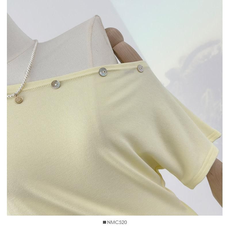 Short-Sleeve Off Shoulder Embellished Asymmetrical Plain T-Shirt