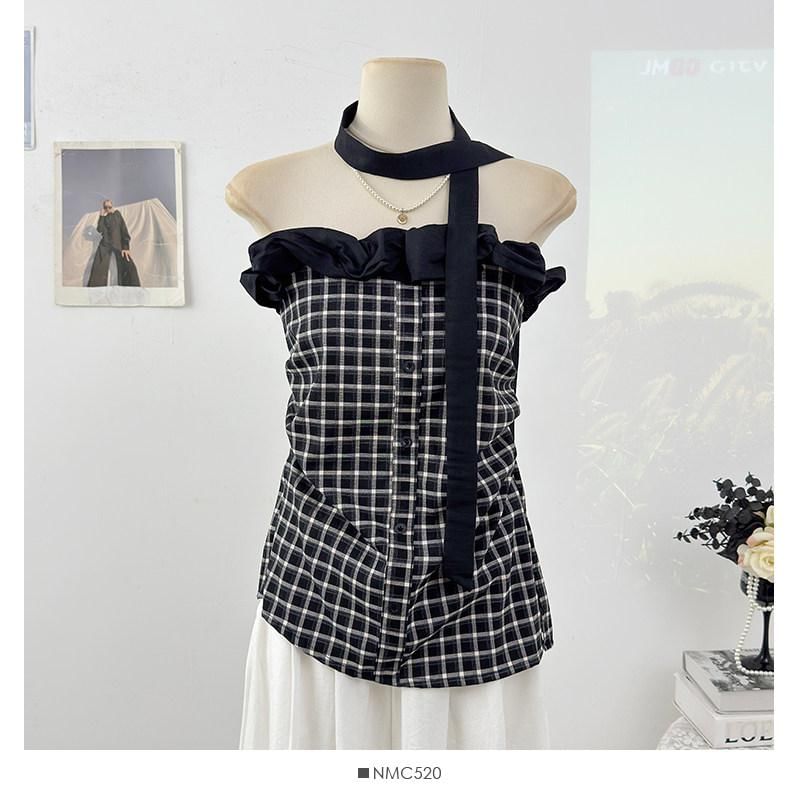 Set: Strapless Ruffle Plaid Top + Twilly
