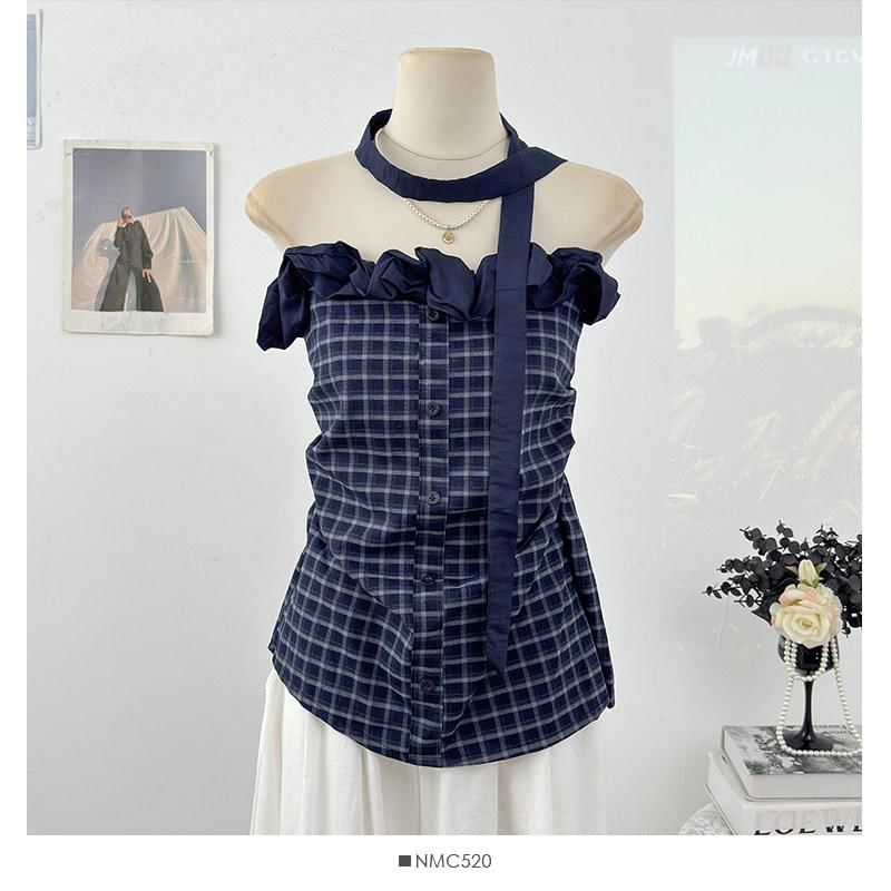 Set: Strapless Ruffle Plaid Top + Twilly