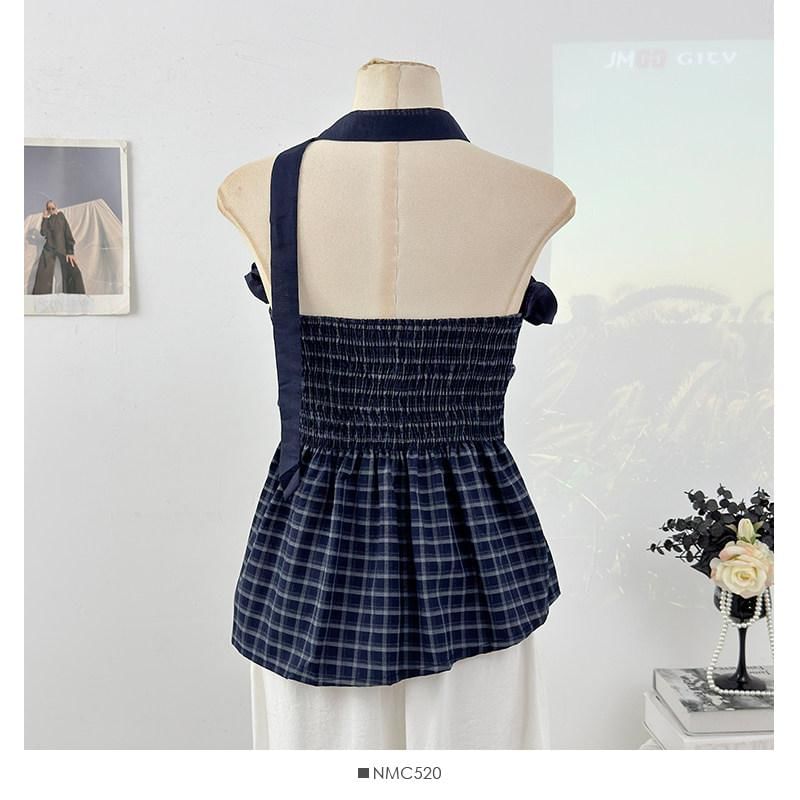 Set: Strapless Ruffle Plaid Top + Twilly