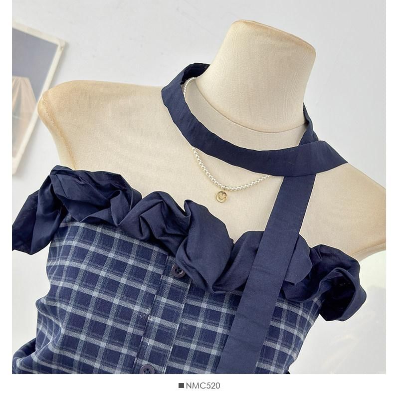 Set: Strapless Ruffle Plaid Top + Twilly