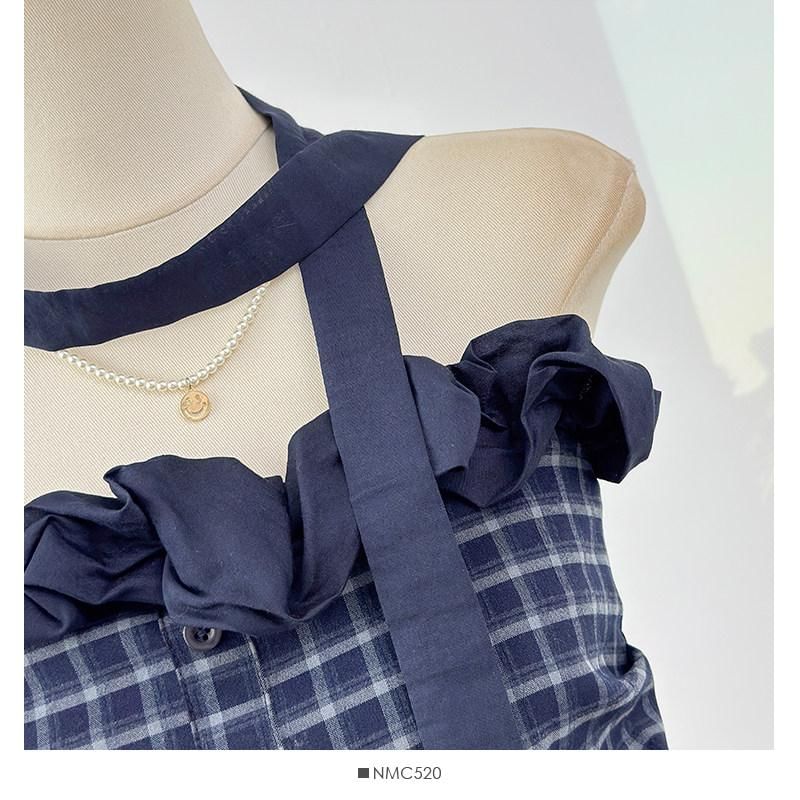 Set: Strapless Ruffle Plaid Top + Twilly