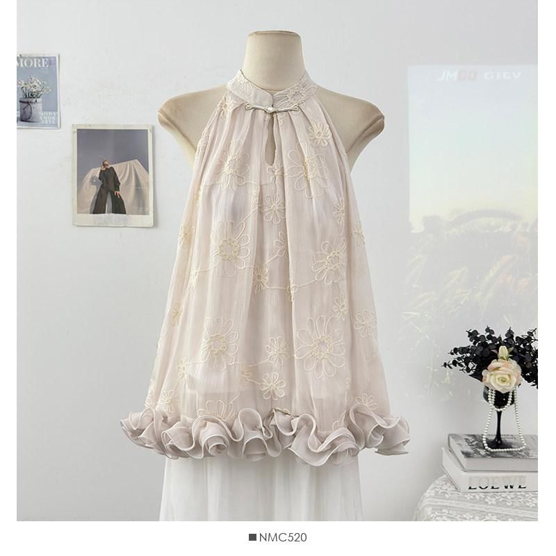 Sleeveless Floral Jacquard Ruffle Plain Top