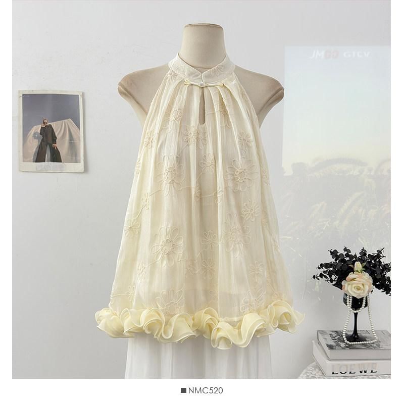 Sleeveless Floral Jacquard Ruffle Plain Top
