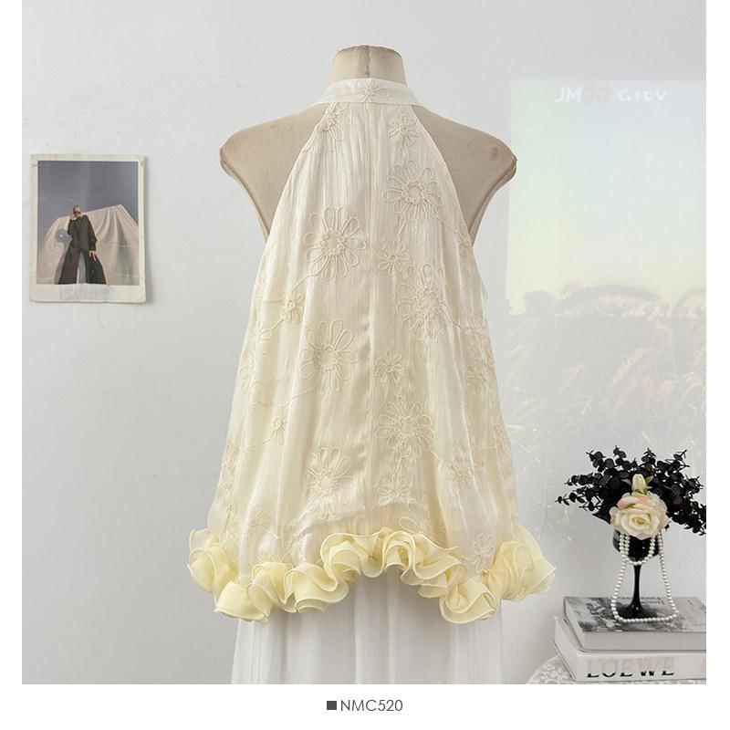Sleeveless Floral Jacquard Ruffle Plain Top