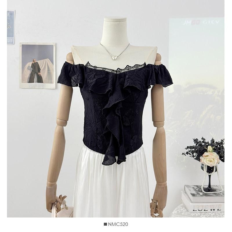 Cap-Sleeve V-Neck Ruffle Plain Top