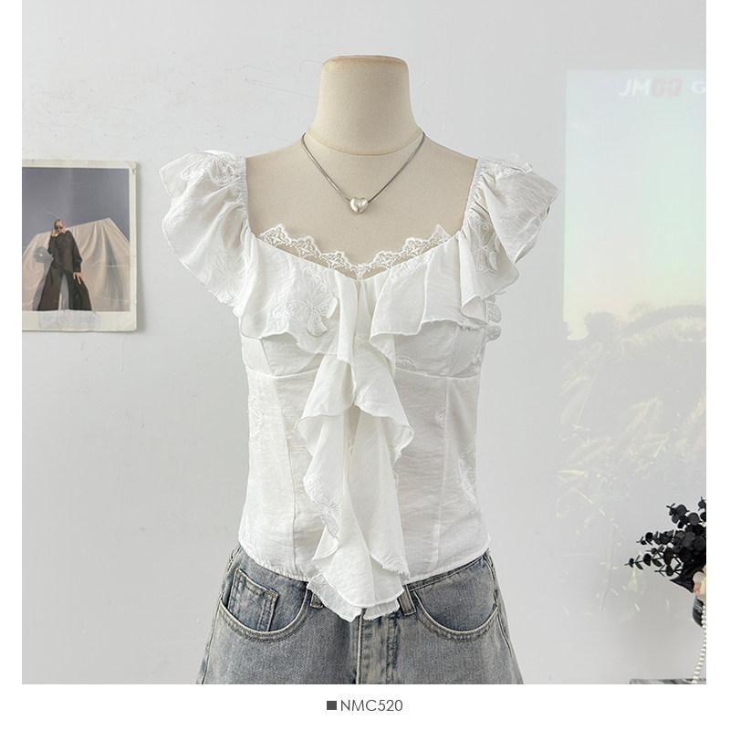 Cap-Sleeve V-Neck Ruffle Plain Top