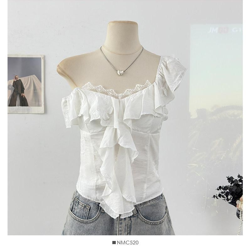 Cap-Sleeve V-Neck Ruffle Plain Top