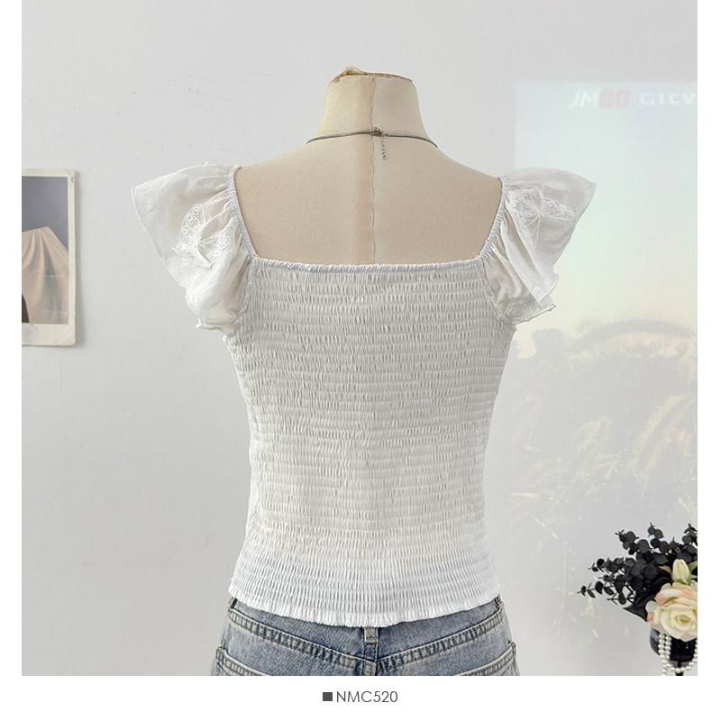 Cap-Sleeve V-Neck Ruffle Plain Top