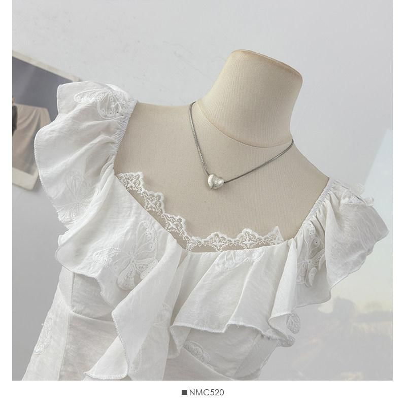 Cap-Sleeve V-Neck Ruffle Plain Top