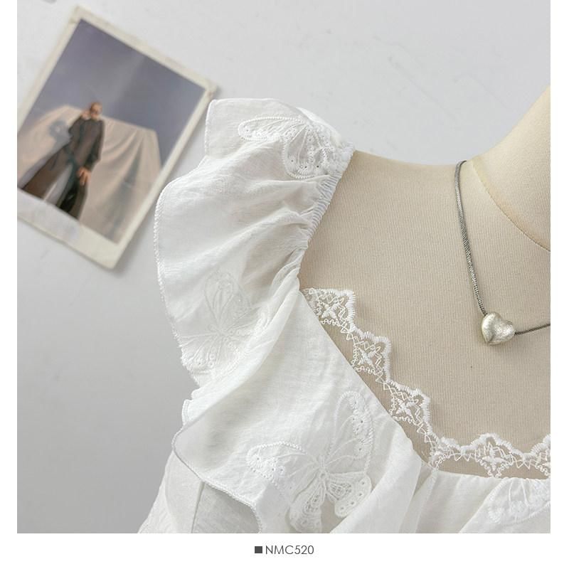 Cap-Sleeve V-Neck Ruffle Plain Top