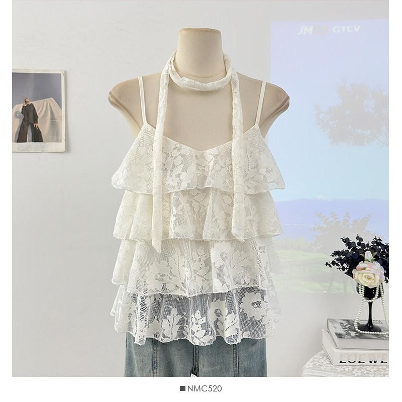Set: V-Neck Lace Camisole Top + Twilly
