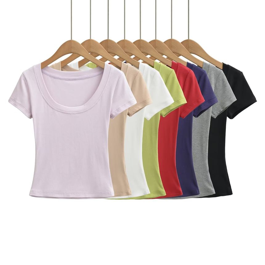Short-Sleeve Scoop Neck Plain Crop T-Shirt