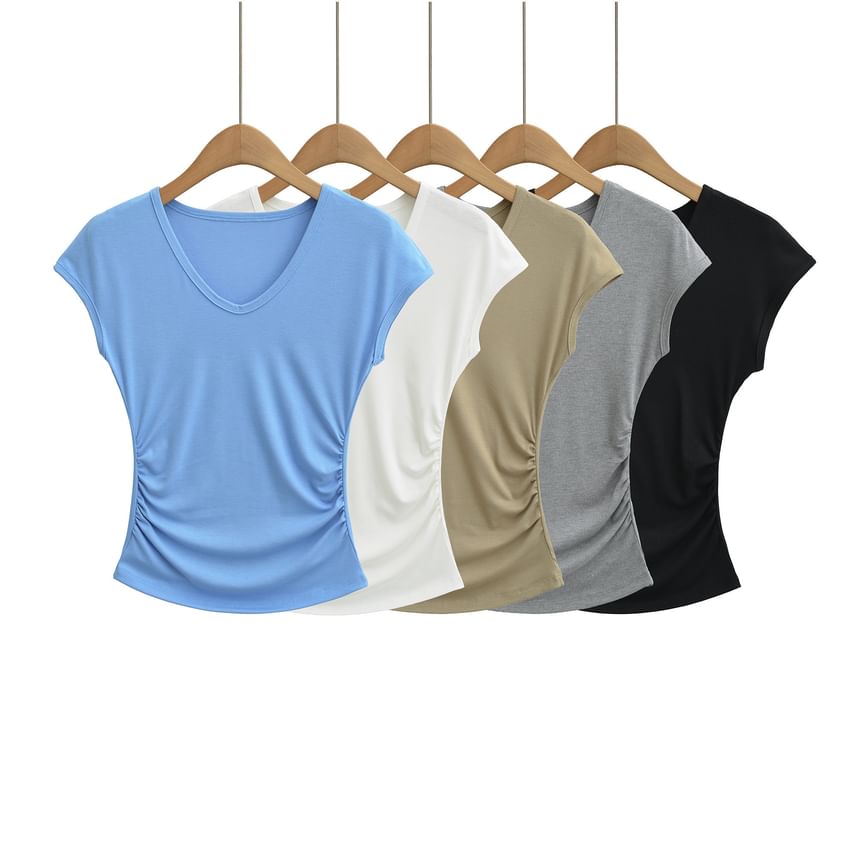 Cap-Sleeve V-Neck Plain Ruched Crop T-Shirt
