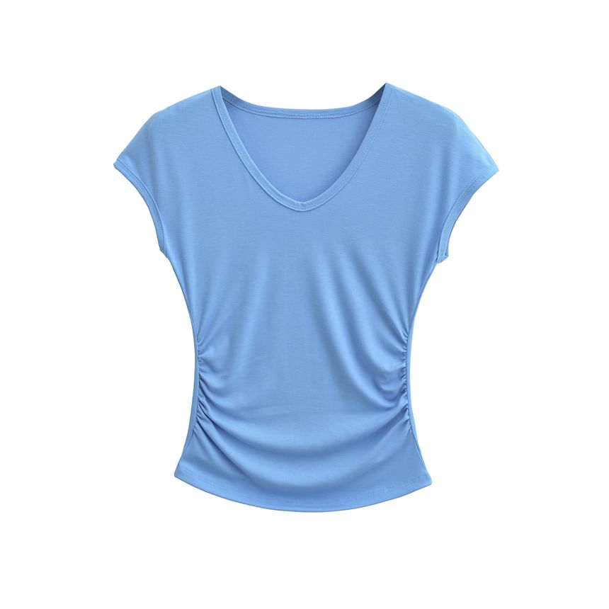 Cap-Sleeve V-Neck Plain Ruched Crop T-Shirt