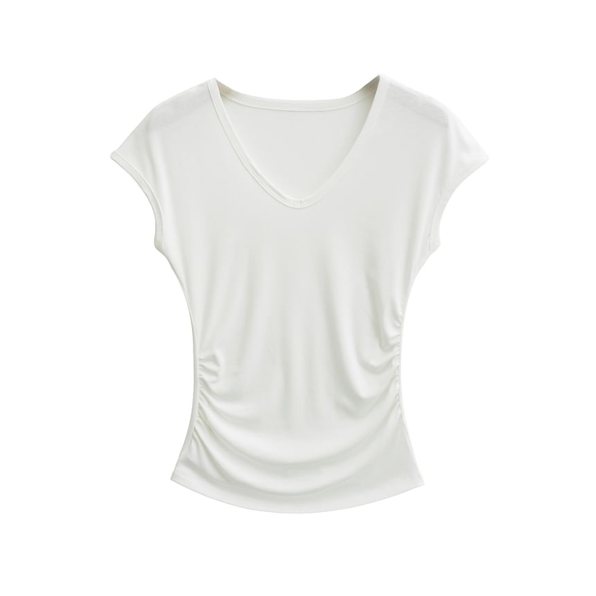 Cap-Sleeve V-Neck Plain Ruched Crop T-Shirt
