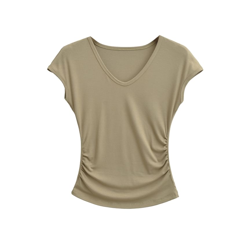 Cap-Sleeve V-Neck Plain Ruched Crop T-Shirt