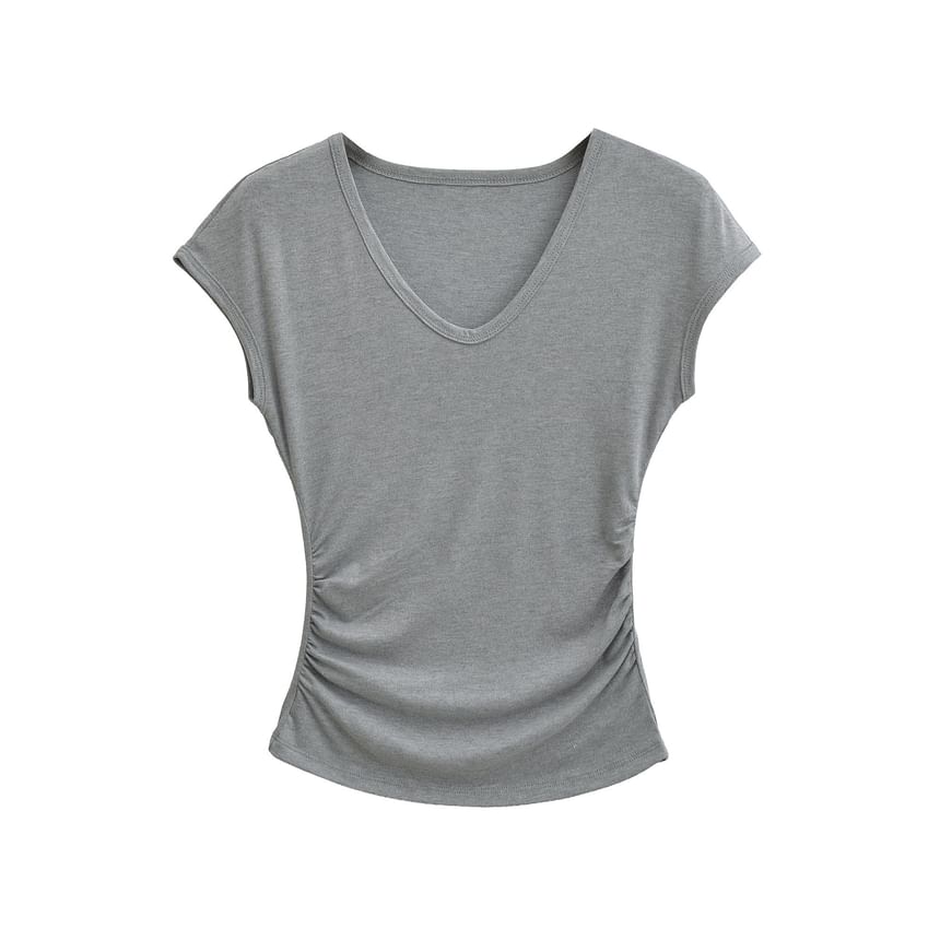 Cap-Sleeve V-Neck Plain Ruched Crop T-Shirt