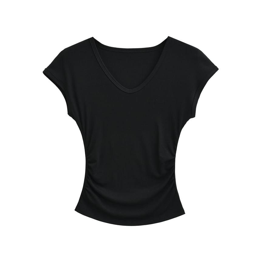 Cap-Sleeve V-Neck Plain Ruched Crop T-Shirt