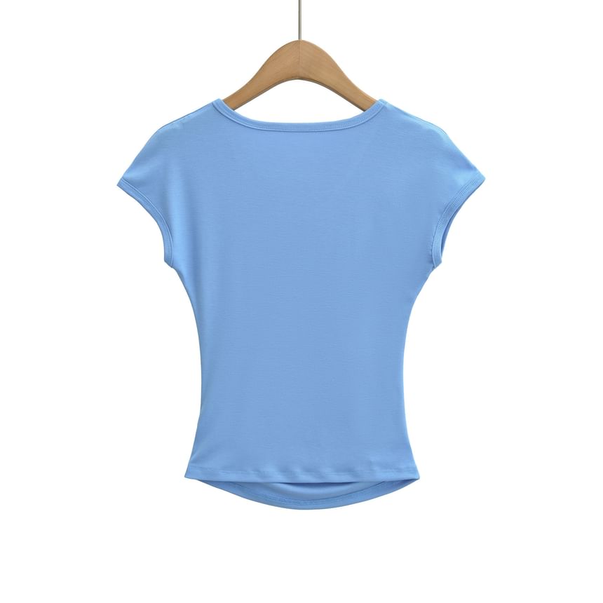 Cap-Sleeve V-Neck Plain Ruched Crop T-Shirt