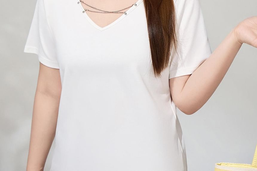 Plus Size Short-Sleeve V-Neck Plain Chain Detail T-Shirt / Elastic Waist Plain Barrel Leg Sweatpants