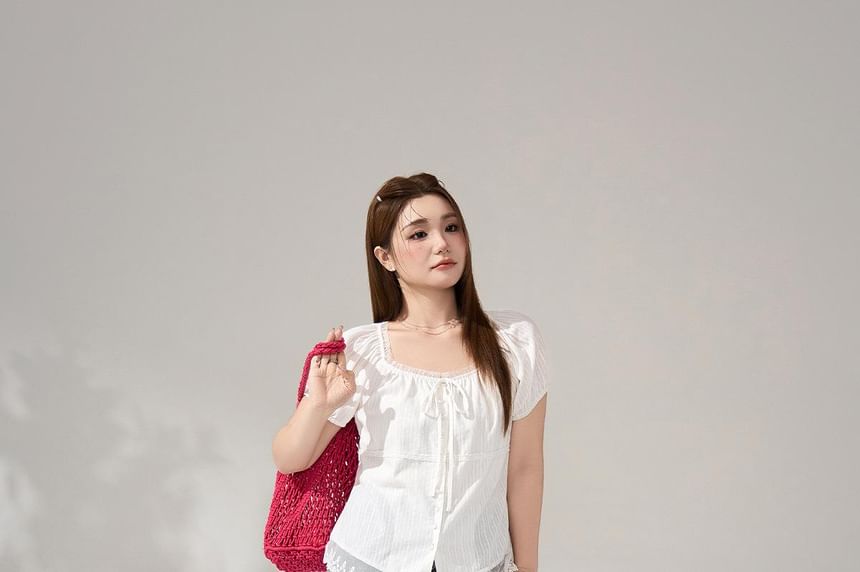 Plus Size Short-Sleeve Scoop Neck Plain Lace Trim Top