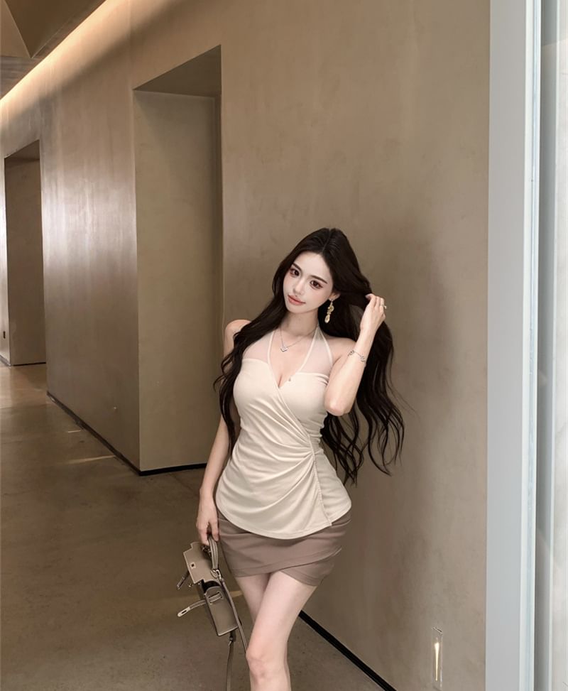 Halter V-Neck Ruched Camisole & Wrap Mini Pencil Skirt