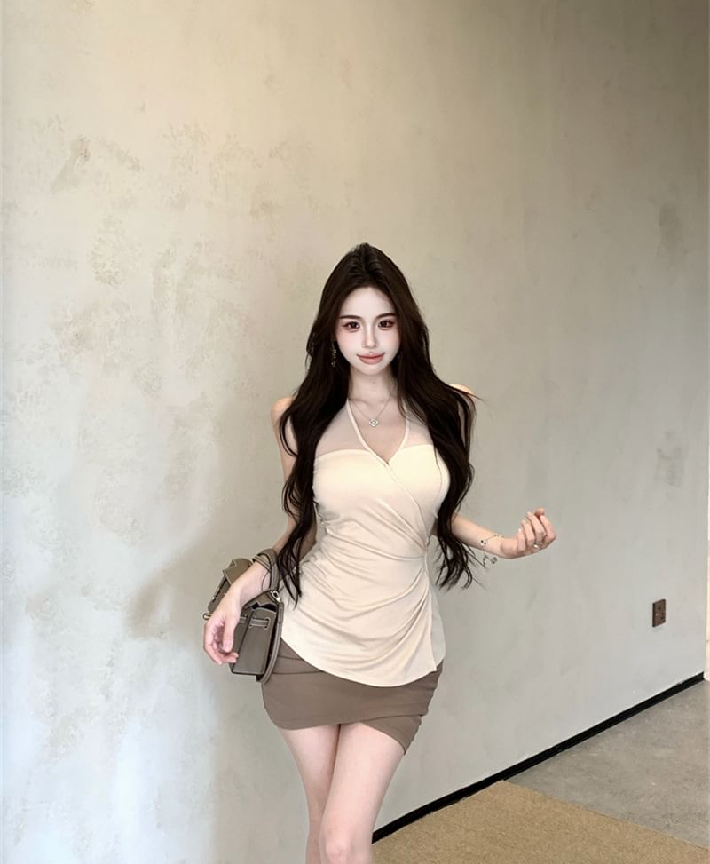 Halter V-Neck Ruched Camisole & Wrap Mini Pencil Skirt