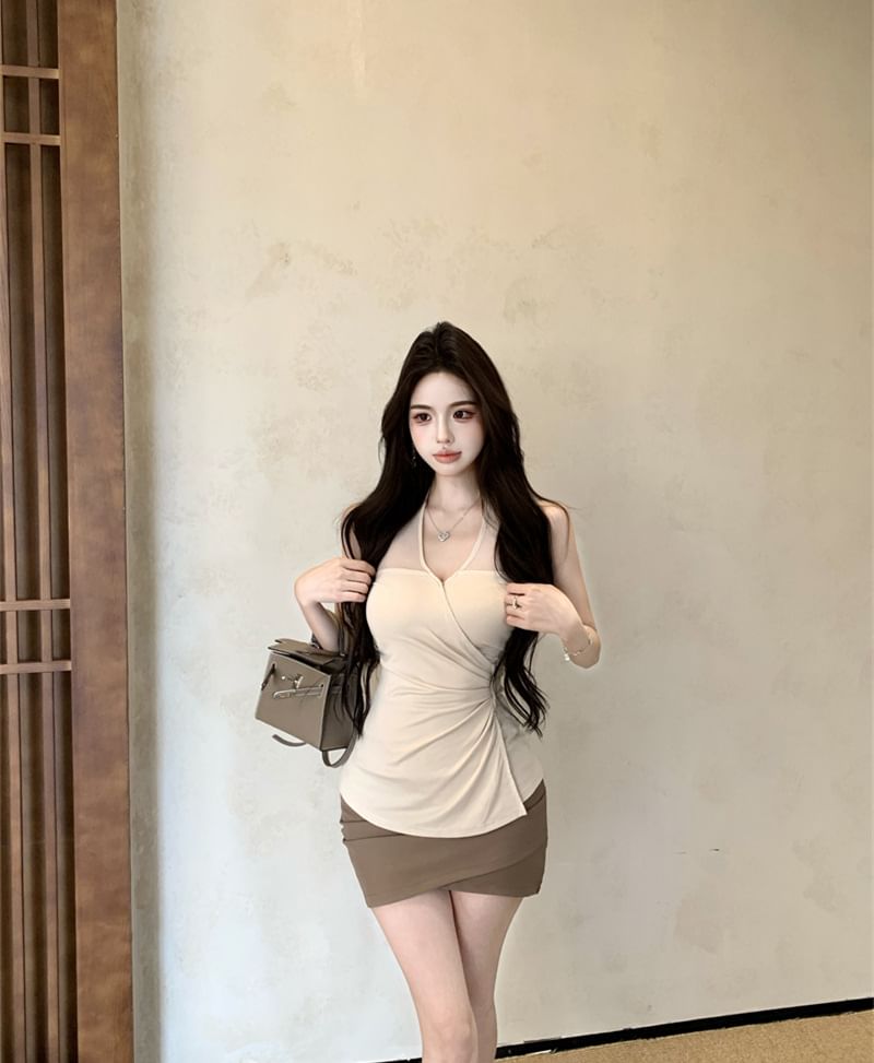 Halter V-Neck Ruched Camisole & Wrap Mini Pencil Skirt