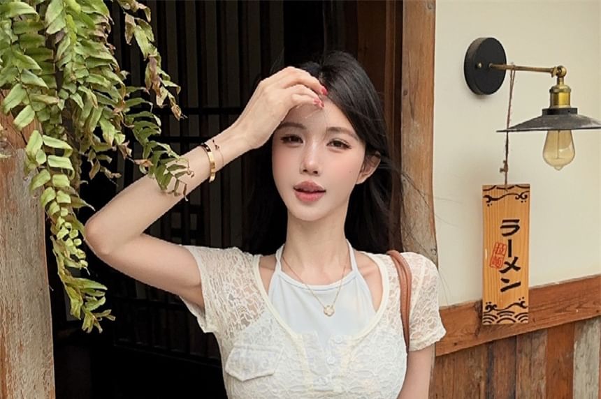 Halter Neck Mock Two Piece Lace Short-Sleeve Top