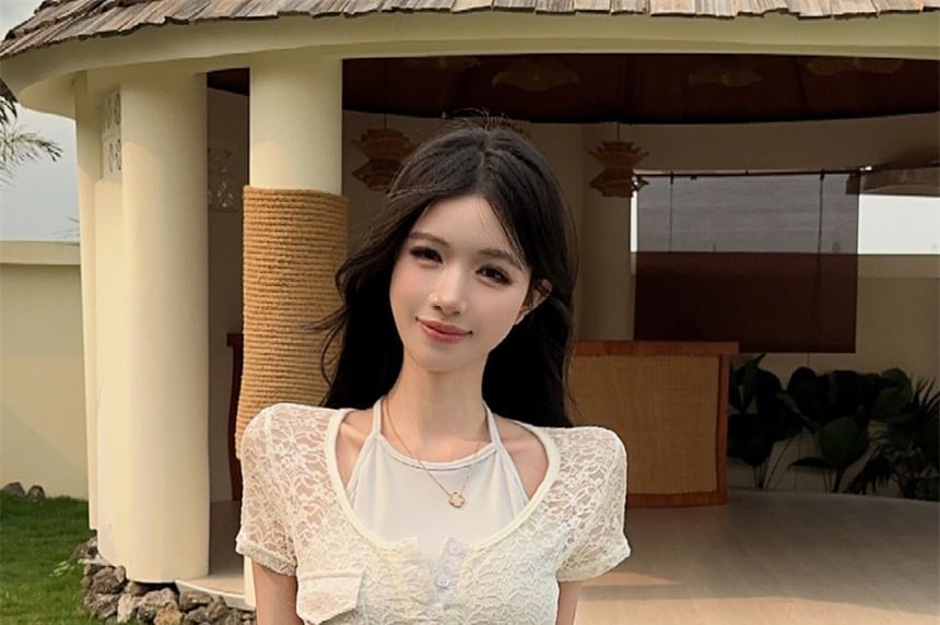 Halter Neck Mock Two Piece Lace Short-Sleeve Top