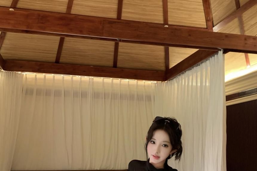 Sheer Mock Neck Long Sleeve Blouse