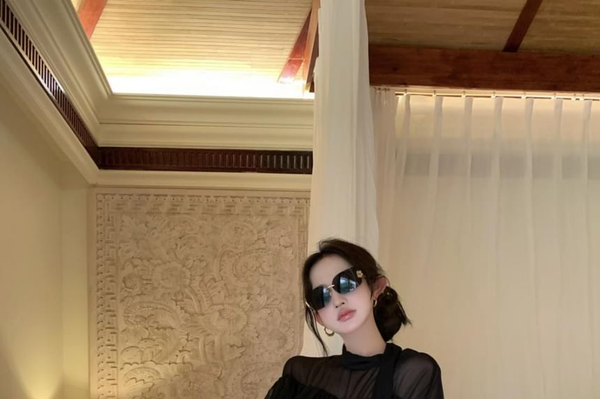Sheer Mock Neck Long Sleeve Blouse