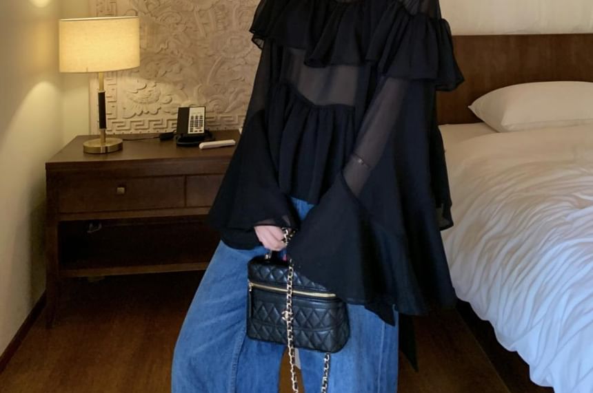 Sheer Mock Neck Long Sleeve Blouse