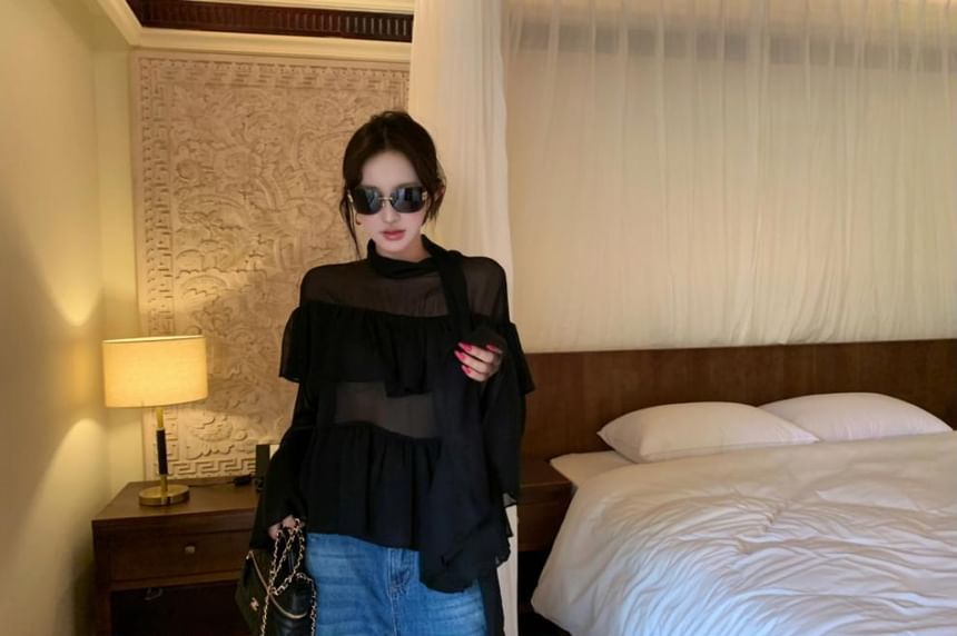 Sheer Mock Neck Long Sleeve Blouse