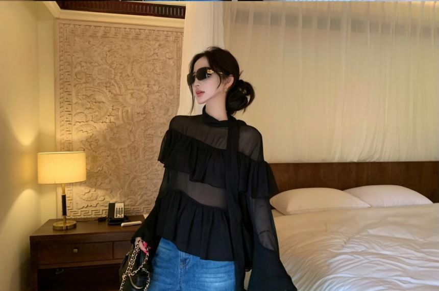 Sheer Mock Neck Long Sleeve Blouse