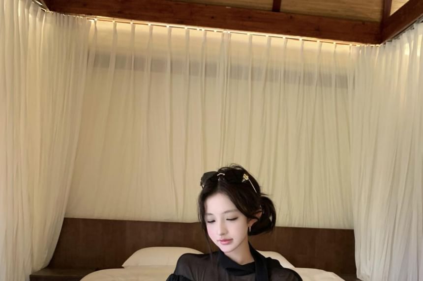 Sheer Mock Neck Long Sleeve Blouse