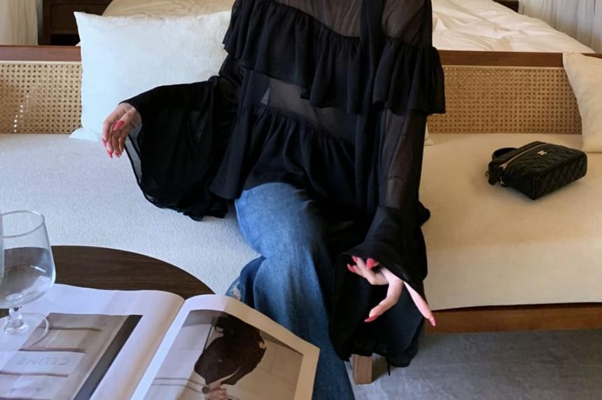 Sheer Mock Neck Long Sleeve Blouse