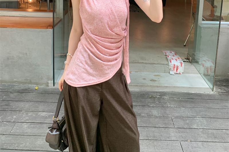 Sleeveless V-Neck Ruched Top & Wide Leg Pants