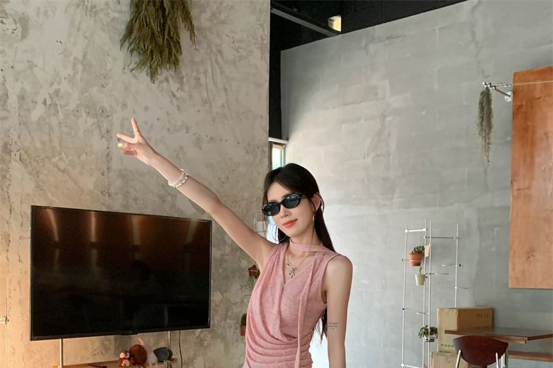 Sleeveless V-Neck Ruched Top & Wide Leg Pants