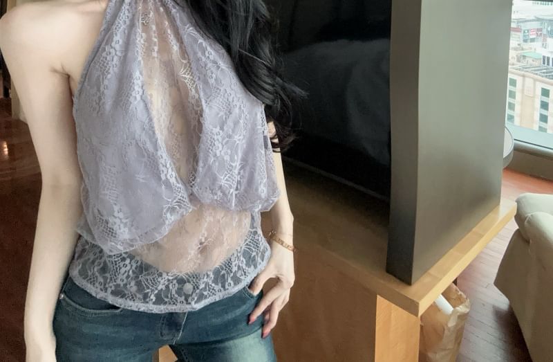 Lace Panel Mock Neck Sleeveless Top