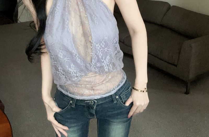 Lace Panel Mock Neck Sleeveless Top