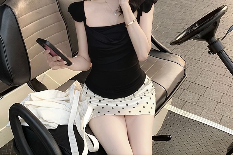 Ruched Square Neck Sleeveless Top Plus Dotted Mini Pencil Skirt