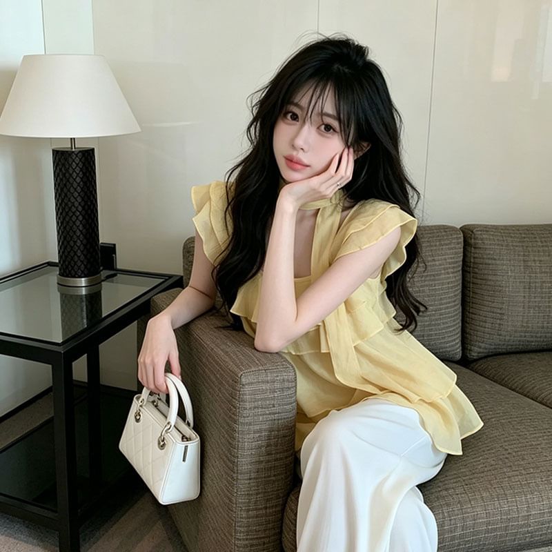 Square Neck Ruffle Trim Short-Sleeve Blouse