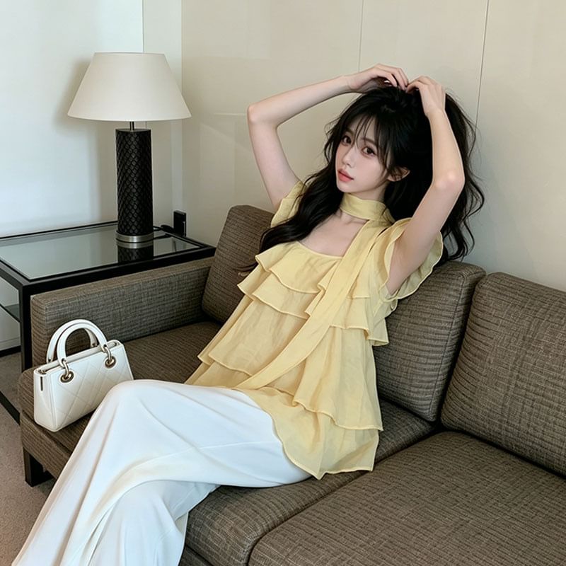 Square Neck Ruffle Trim Short-Sleeve Blouse
